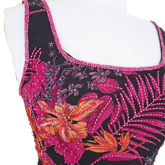 ANDRETTA DONATELLO Silk Beaded Tropical Floral Sleeveless Top Small Black Pink - Picture 5 of 9